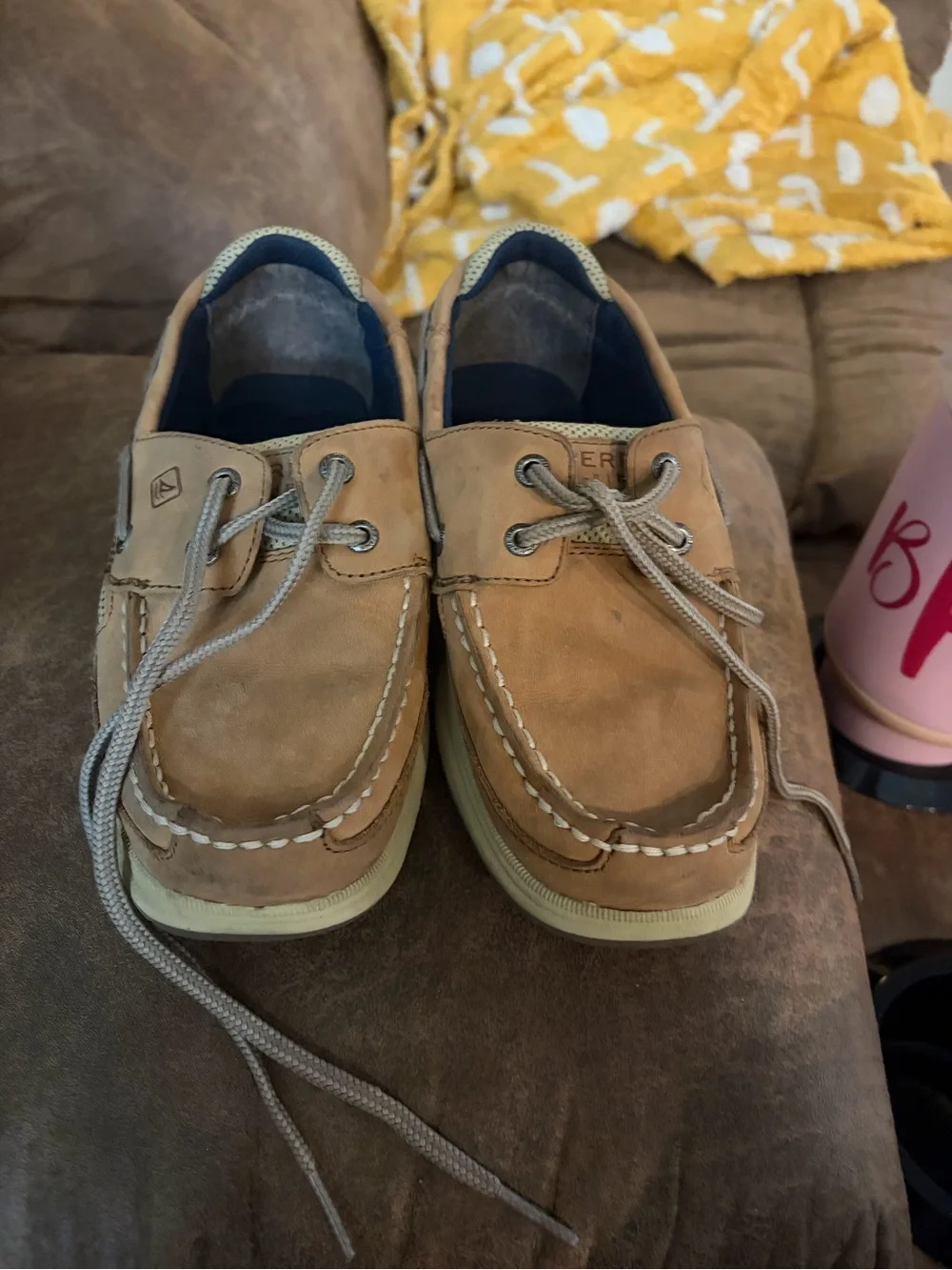 Kids Tan Leather Moccasin Boat Shoes with Navy Lining